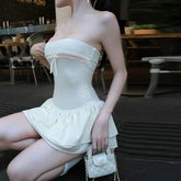 LIZAKOSHT - European American Style Summer New Women's Cloth Contrasting Color Splicing One-word Collar Chest-wrapped Ruffle Edge Slim Dress