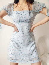 LIZAKOSHT - Retro France Style Ruched Square Collar Puff Sleeve Blue Flower Print Dress Slim Waist A line Elegant Women Robe