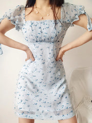 LIZAKOSHT - Retro France Style Ruched Square Collar Puff Sleeve Blue Flower Print Dress Slim Waist A line Elegant Women Robe