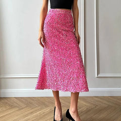 LIZAKOSHT - Ladies Casual Shiny Sequin Slim A-line Skirt New Autumn Winter Elastic Waist Wrap Hip Skirt Elegant Temperament Banquet Skirts