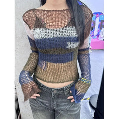 LIZAKOSHT - Deeptown Y2K Vintage Women's Knit Sweater Striped Hollow Out Cropped Pullover Korean Fashion Backless Spring Jumper Harajuku