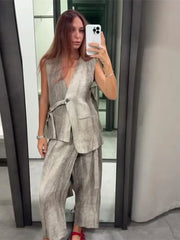 LIZAKOSHT - Casual Tie-dyed Lace Up Women Tank V-neck Sleeveless Single Button Loose Female Vest 2024 Spring Summer New Fashion Lady Tops