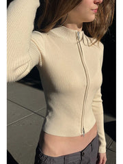 LIZAKOSHT - Solid Sexy Slim Knitted Cardigan Sweater Women Autumn Soft Cotton Double Zippers Crop Top Vintage Simple Sweet Cardigan Tops Y2k
