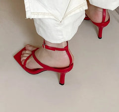 LIZAKOSHT - Women Genuine Leather Sandals Thin Heel Sandals High Heels Buckle Square Toe Ladies Footwear Summer Beige Black Red 39