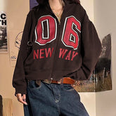 LIZAKOSHT - Harajuku Digital Printed Loose Autumn Jacket Women Hooded Zipper-Up Casual Preppy Style Hoodies Korean Outwear Girls