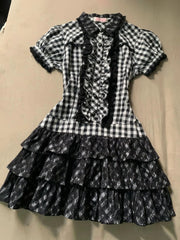 LIZAKOSHT - Vintage Design Black Plaid Dress Women's Summer Hot Girl Lapel Short Sleeve Shirt Dresses Fashion Hepburn Slim Thin New Outfits