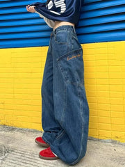 LIZAKOSHT  -  Cyber Y2K Streetwear Blue Wide Leg Baggy Harem Jeans Pants For Women Designer Clothes Multi Pockets Straight Lady Trousers