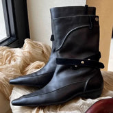 LIZAKOSHT - Winter New Suede Ankle Boots Women Fashion Retro Pointed Toe Belt Buckle Design Wedge Cowboy Boots Botines Para Mujeres