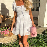 LIZAKOSHT - Casual Mini Dress Women Loose Square Neck Short Sleeves Lace Up Robe Female Spring Summer Fashion High Waist Dresses Lady
