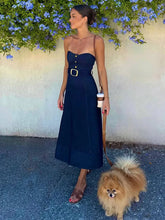LIZAKOSHT - Belt Blue Casual Strapless Dresses Women Chic Sleeveless Backless High Waist A-line Midi Dress Lady New Highstreet Vestidos