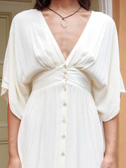 LIZAKOSHT - Half Sleeve Elegant Loungewear Party Dress, Women Spring Summer Single-Breasted Maxi Dress, New Deep V-Neck Holiday Ladies Dress