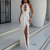 LIZAKOSHT - Elegant Sleeveless Embroidery Hollow Long Dress Women Fashion Backless White Party Dresses Sexy Halter Lace-Up Cover-Up Swimsuit