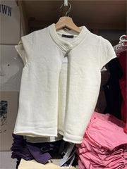 LIZAKOSHT - Sweet White Knitted Cardigan Women Simple Cotton Single Button Neckline Short Sleeve Sweater Vintage Preppy Style Outfit Top Y2K