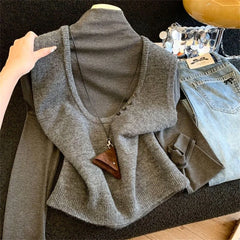 LIZAKOSHT - Autumn Winter Casual Sleeveless Gray Knitting Vest Korean Style Elegant Clothing Female Tops Women's Fashion Knitted Vest