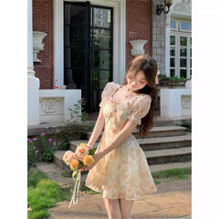LIZAKOSHT  -  Summer Sweet Floral Chiffon Dress Vintage Fairy Square Collar Puff Sleeve Dress Sundress Princess Mini Holiday Dress Vestido