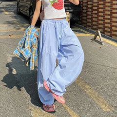 LIZAKOSHT - Women Striped Jazz Dance Pants Blue Loose Casual Lazy Wide Leg Pants Harajuku Y2K Summer American Streetwear Cargo Pants
