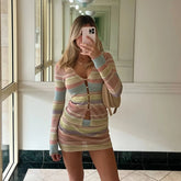 LIZAKOSHT - Y2K Knit Coords Set Women's Sheer Cardigan with Matching Mini Skirt Sweet Sexy Lounge Dress Outfit Bodycon Mini Skirts