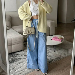 LIZAKOSHT - Women's Straight Wide Leg Pants Y2K Vintage Drawstring Elastic Waist Striped Print Boxer Pants Casual Lounge Trousers