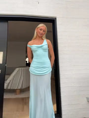 LIZAKOSHT - Fashion Solid Draped Long Dress For Women V-neck Sleeveless Transparent Robe 2025 Summer Elegant Female Evening Party Dresses