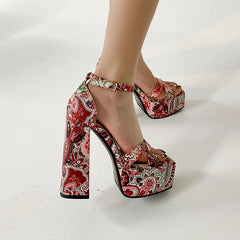 LIZAKOSHT - Summer Women's Sandals Large Size 34-43 Foot Length 22-26.5cm Printed flowers ankle buckle high heel sexy high heel shoes