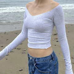 LIZAKOSHT - Off Shoulder Crop Tops Women Sexy Slash Neck Long Sleeve Slim T-shirt Casual Basic Y2k Clothing Autumn Black White Tees