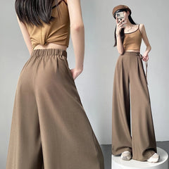 LIZAKOSHT - New Spring Summer Buttons High Waist Wide Leg Pants for Women High Waist Lace-up Straight Loose Full Length Trousers Female