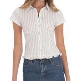 LIZAKOSHT - Women s Blouse Casual Short Sleeve Checkered Striped Shirt with Button Closure Fit Summer Top for Street Style Fashion