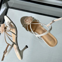 LIZAKOSHT - Floral Narrow Strap Designer Branded Sandals for Ladies Summer Open Toe Low Heeled Pumps Elegant Party Dress Buckle High Heels