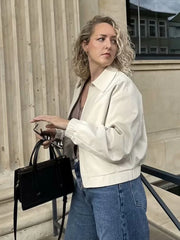 LIZAKOSHT - Women's White Jacket Zipper Waterproof Outerwears Lapel Motorcycle Casual Coat Elastic Long Sleeved Autumn Women's Clothing