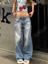 LIZAKOSHT - Fashion Street Blue Washed Low Rise Straight Jeans Women Summer Retro New Loose Korean Street Casual Wide Leg Jeans