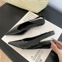 LIZAKOSHT - Street Style Fashion Patent Leather Pointed Toe Pumps Women Elegant Low Wedges Heels Sandals Casual Dress Shoes