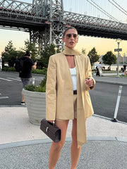 LIZAKOSHT  -  V-neck Ribbon Blazer Coat For Women Loose Solid Long Sleeve Buttons Office Lady Top Elegant Female Office Suit Jacket 2025