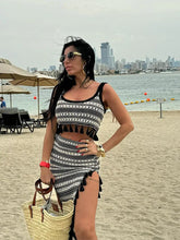 LIZAKOSHT  -  Women Sexy Knit Stripe Skirt Set Fashion U-neck Sleeveless Tassel Patchwork Short Vest Suit Lady Split Long Skirts Beach Outfits