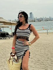 LIZAKOSHT  -  Women Sexy Knit Stripe Skirt Set Fashion U-neck Sleeveless Tassel Patchwork Short Vest Suit Lady Split Long Skirts Beach Outfits