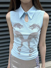 LIZAKOSHT - Tank Tops Polo Collar Suspender Hollow New Chinese Mesh Double Dragon Flocking Slim Summer New Women'S Top Retro
