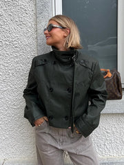 Lizakosht Double Breasted Army Green Pockets Short Jacket for Women Winter Autumn Casual Streetwear Short Trench Windbreak