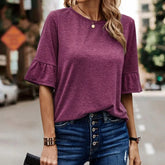 LIZAKOSHT - Summer Autumn Casual Solid Color Ruffled Sleeves T-shirts For Women Fashion Single Breasted Elegant Lady Party Blouse Pulllovers