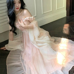 LIZAKOSHT - Sling Dress Lace Flowers Lace Chiffon Rose Powder Temperament Sweet Beauty Romantic Fairy Long Skirt Large Size 2024 Summer