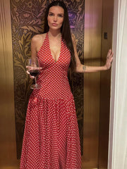 LIZAKOSHT - Modern Hipster Women Maxi Dress Elegant Point Print Halter V-neck Backless Bodycon Female High Street Festival Vestidos