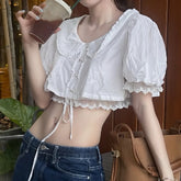 LIZAKOSHT - Stylish White Spliced Lace Short Puff Sleeve Shirt Women Peter Pan Collar Bow Hem Loose Crop Tops