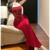 LIZAKOSHT - Women's Pure Desire Wind Red Lace Waist Dress Dress