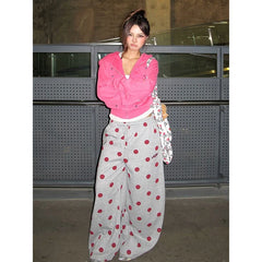 LIZAKOSHT - American Style Sports Sweatpants Women's Autumn Winter Loose Wide Leg Casual Pants Polka Dot Embroidery Comfortable