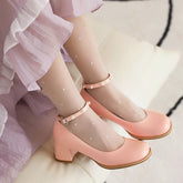 Lizakosht Lolita Sweet Girls Mary Jane Shoes Women 2024 Round Toe Ankle Strap Block Heels Party Wedding Shoes Pink White Pumps Big Size 43