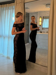 LIZAKOSHT Sexy Slash Neck Lace Maxi Dress For Women Fashion Backless Off Shoulder Stretch Vestidos Elegant Slim Dinner Party Female Gown