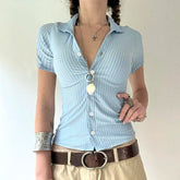 LIZAKOSHT - Shirt Striped Buttoned Polo Collar Blue Basic Slim Fit Thin Top American Hot Girl Shows Her Figure Sexy Trendy T