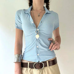 LIZAKOSHT - Shirt Striped Buttoned Polo Collar Blue Basic Slim Fit Thin Top American Hot Girl Shows Her Figure Sexy Trendy T