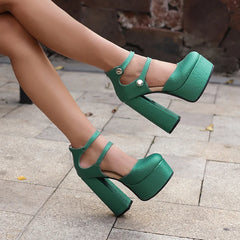 Lizakosht Plus Size Pleated Stripes Ultra-High Thick Heels Summer Sexy High Heels Round Rivets Hollowed Out Platform Back Zipper Pumps