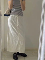 LIZAKOSHT - Casual Women Beige Skirts Summer Sweet High Waist Drawstring Skirts Solid Color Female Chic Bottoms