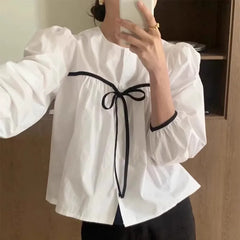LIZAKOSHT - Korean Fashion Casual All-match Blusas Mujer 2025 Summer New Black Blouses Y2k E-Girl O-neck Bow Lace Up Shirts Women