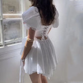 LIZAKOSHT - Sexy Cross Bandage Lacing up Slit Back Backless Elastic Puff Sleeve Mini Dress 3D dot White Spliced Lace Slash Collar Robe